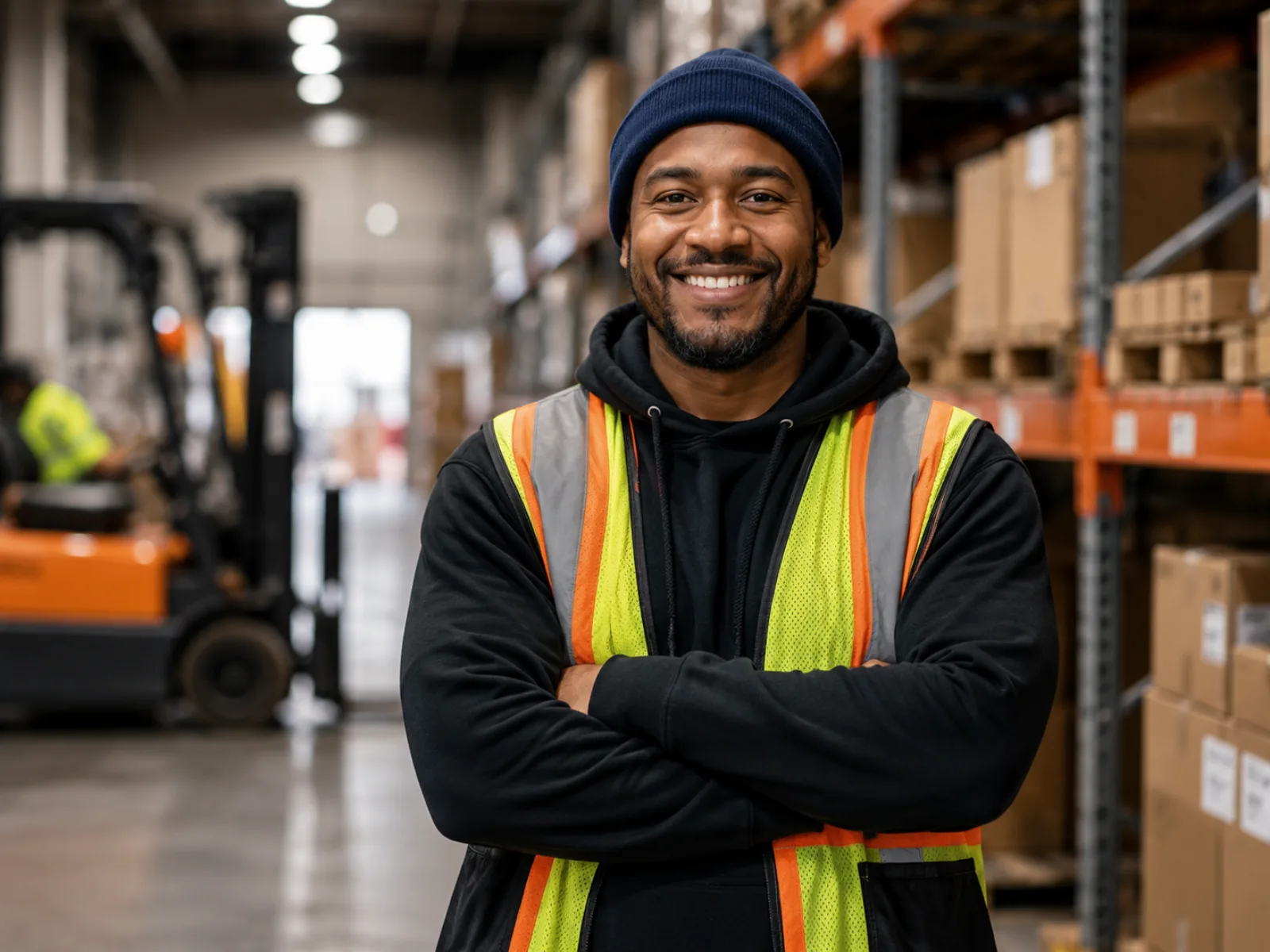 Smiling warehouse worker ready for work in a distribution center