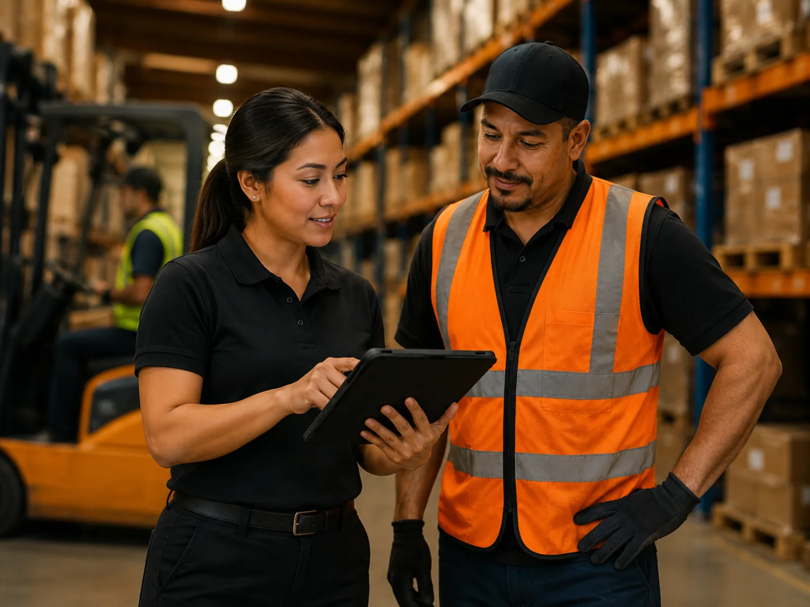 Staffing coordinator and warehouse worker reviewing job details on a tablet