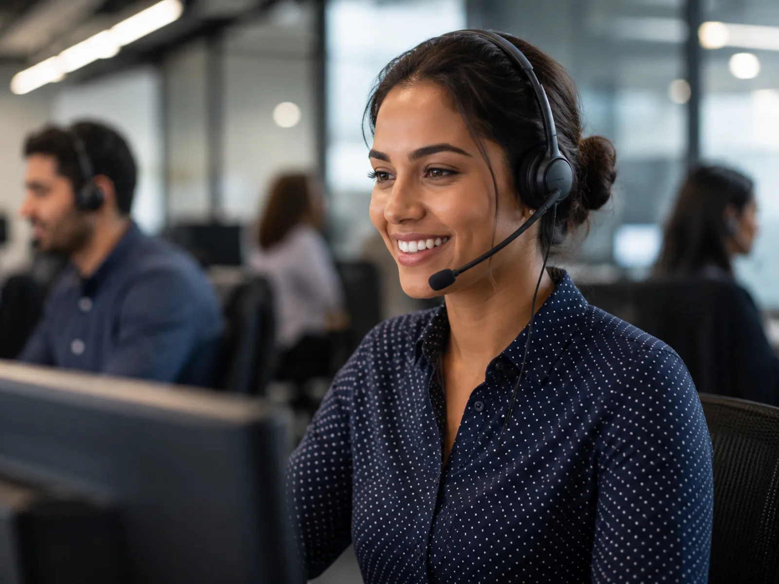 Customer service representative wearing a headset