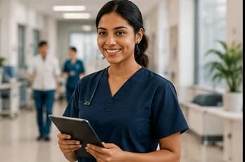 Healthcare support worker holding a tablet in a clinic