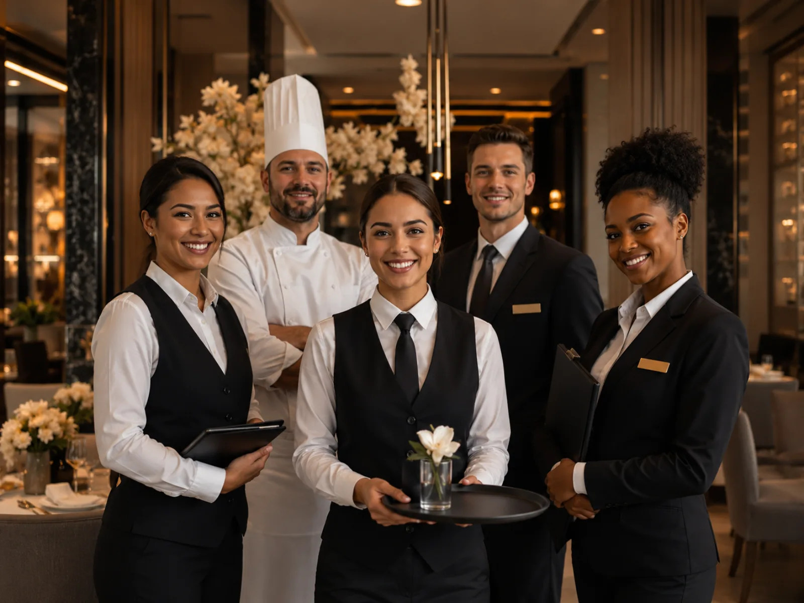 Hospitality team standing in a restaurant setting